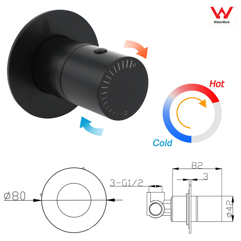 Watermark Matt Black Round Bath Shower Mixer Hot Cold Tap Valve Turn No Handle