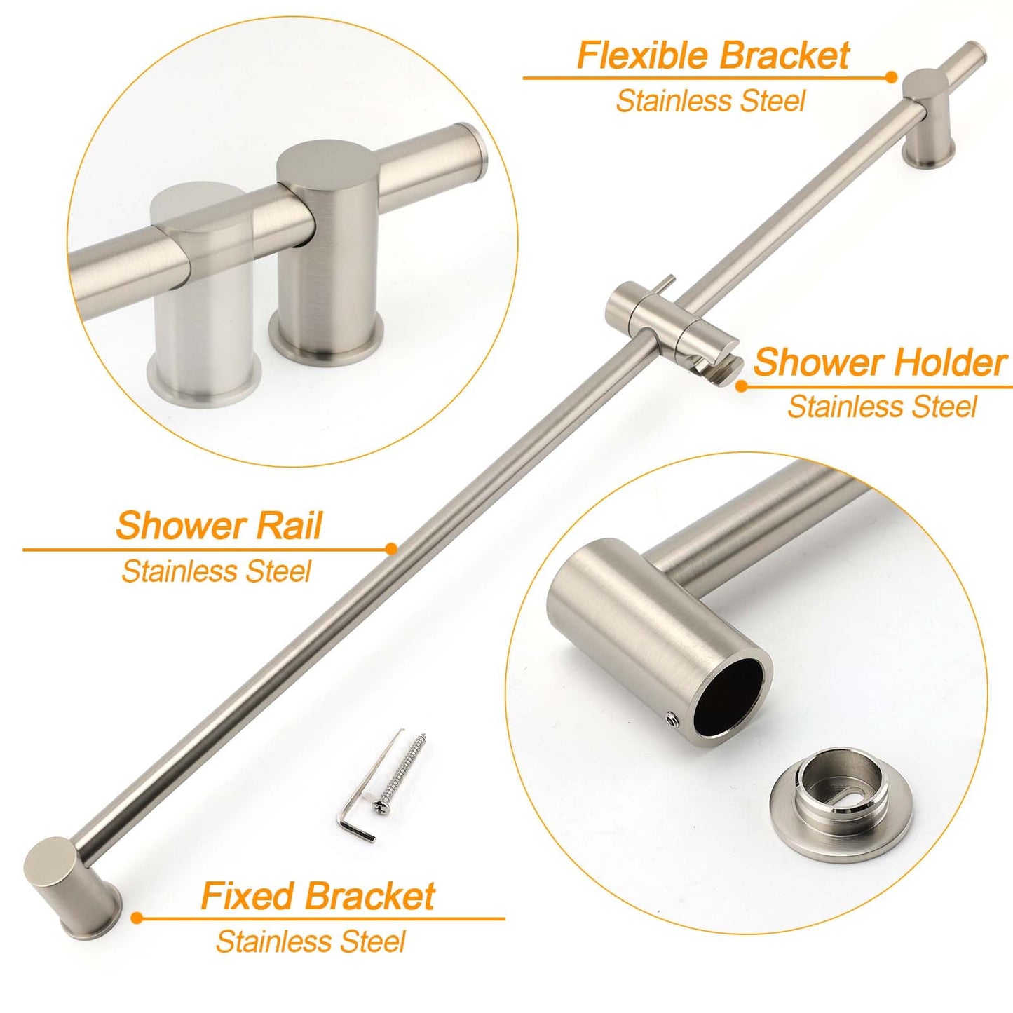 Solid Brass Brushed Nickel Long Sliding Rail Bar Swivel Handheld Shower Holder
