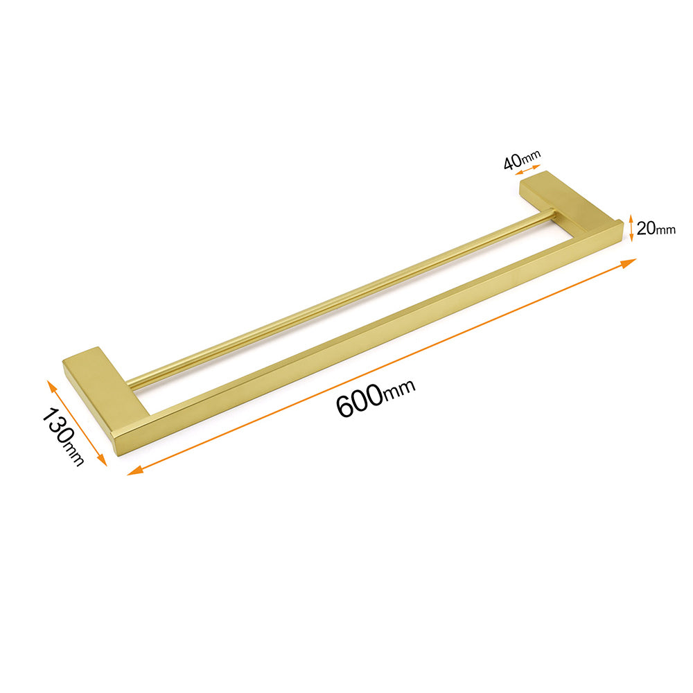 Square SUS Double Towel Rail Rack 600mm Brushed Gold Hanger Holder Bar Bathroom
