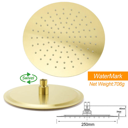 PVD Brushed Gold 10" Shower Rain Head 355mm Straight Wall Mount Arm Bathroom Set