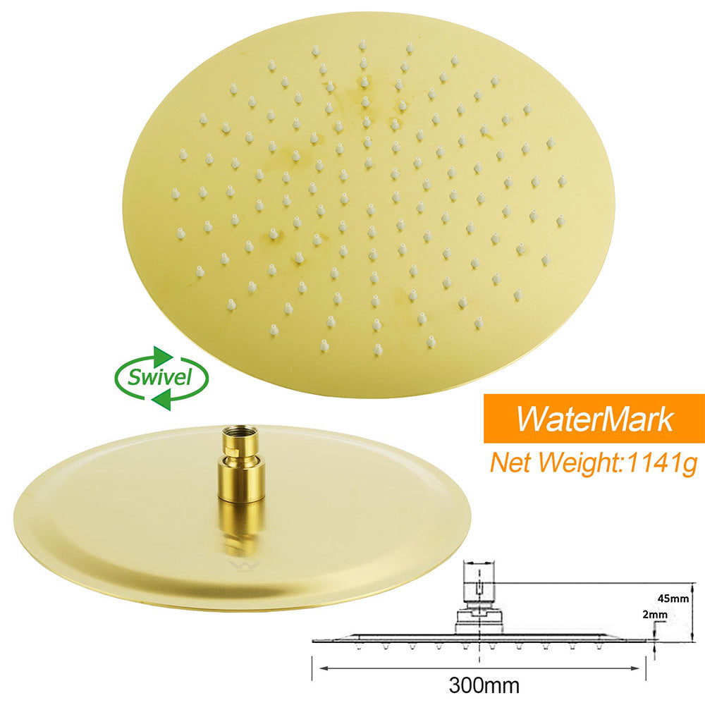 PVD Brushed Gold 12" Shower Rain Head 355mm Straight Wall Mount Arm Bathroom Set