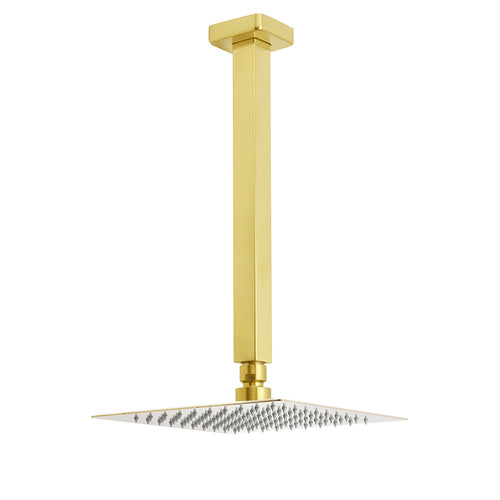 WELS Brushed Gold Square 8" Rain Shower Head 300mm Brass Ceiling Dropper Arm Set