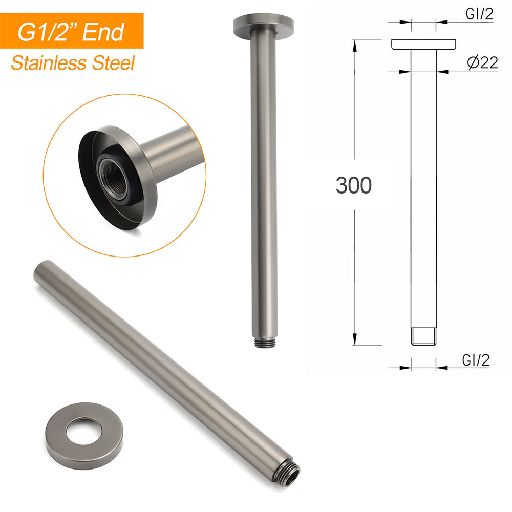 WELS Gun Metal Round 10" SUS Rainfall Shower Head 300mm Ceiling Dropper Arm Set