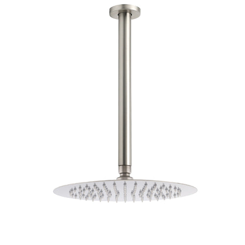 Brushed Nickel Round 10" Shower Rain Head + 300mm Brass Ceiling Dropper Arm Set