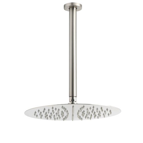 Brushed Nickel Round 12" Shower Rain Head + 300mm Brass Ceiling Dropper Arm Set