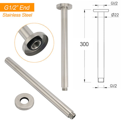 Brushed Nickel Round 12" Shower Rain Head + 300mm Brass Ceiling Dropper Arm Set