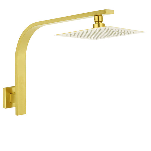 WELS Brushed Gold Square 8" Slim Rain Shower Head Brass Wall Gooseneck Arm Set