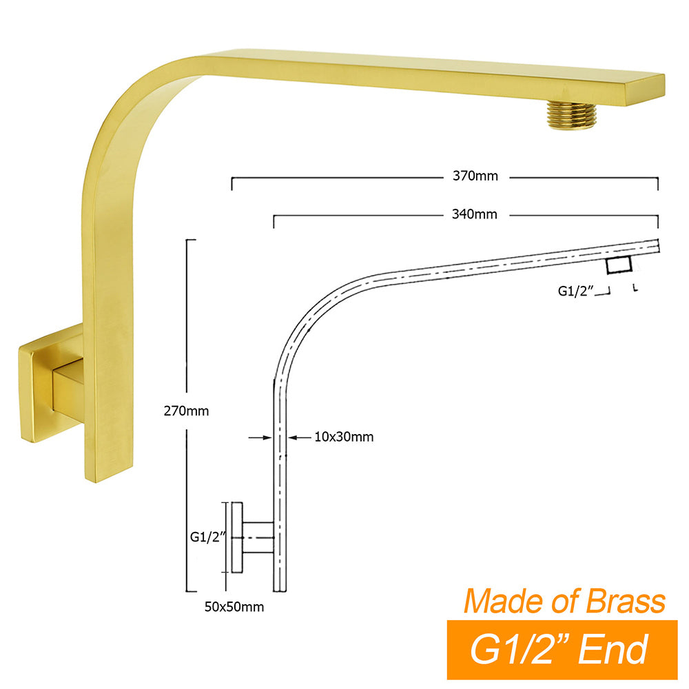 WELS Brushed Gold Square 8" Slim Rain Shower Head Brass Wall Gooseneck Arm Set