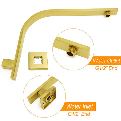WELS Brushed Gold 10" Square SUS Shower Head + Brass Gooseneck Wall Arm Set