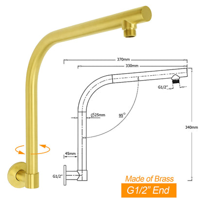 WELS Brushed Gold 8" Round Shower Head Brass 360º Swivel Gooseneck Wall Arm Set