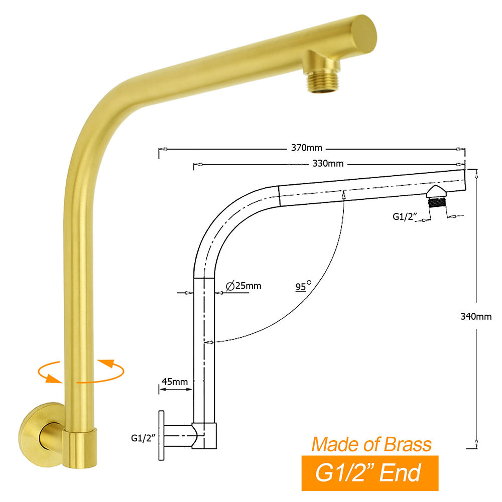 Brushed Gold Round 10 Inch Rain Shower Head Swivel Brass Gooseneck Wall Arm Set