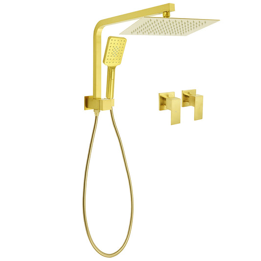 Brushed Gold Twin Shower 10" Rain Head Handheld Diverter Wall Arm Set Square Taps