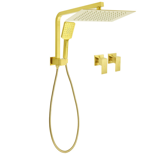 WELS Brushed Gold Twin Shower 12" Rain Head Handheld Diverter Wall Arm Set Square Taps