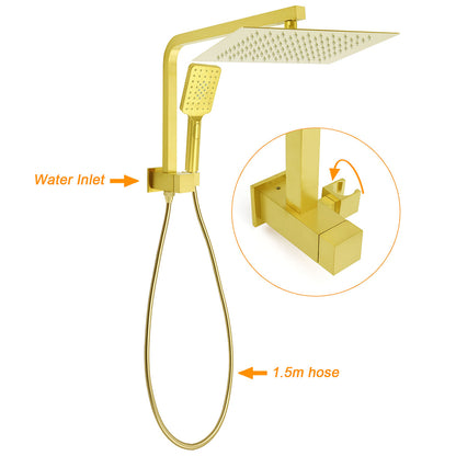 Brushed Gold Twin Shower 12" Rain Head Handheld Diverter Gooseneck Arm Set Square Wall Mixer