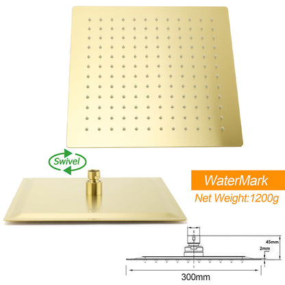 Brushed Gold Twin Shower 12" Rain Head Handheld Diverter Gooseneck Arm Set Square Wall Mixer