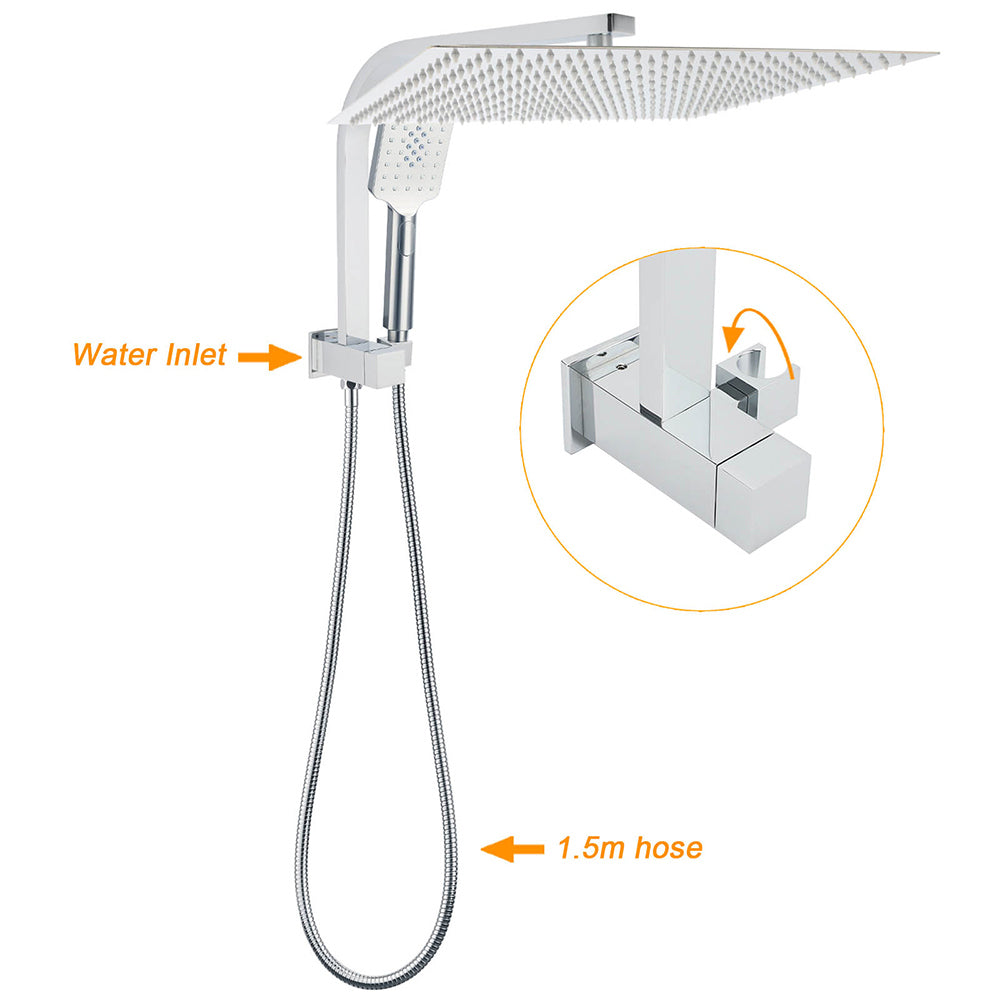 WELS Square Extra Large 16" Shower Head 3 Mode Handheld Diverter Wall Arm 2in1 Set + Taps