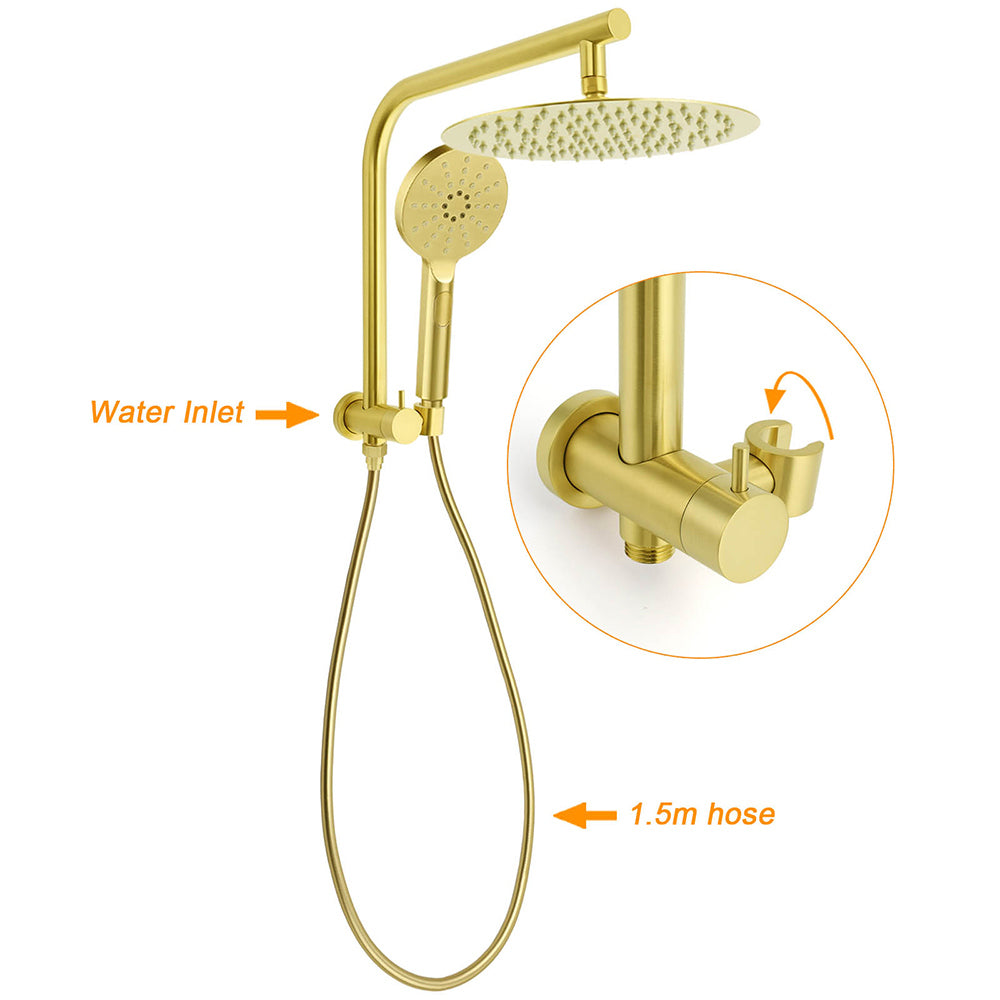 Brushed Gold Round Large 12" Rain Shower Head 3 Mode Handheld Gooseneck Arm Twin Taps Set