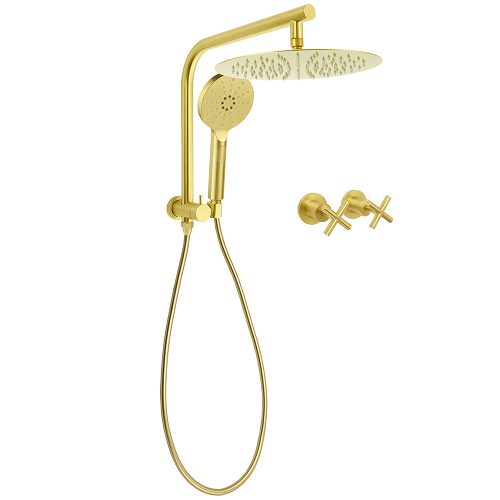 Brushed Gold 2in1 Round Large 12" Rain Shower Head 3 Mode Handheld Wall Arm Bath Mixer