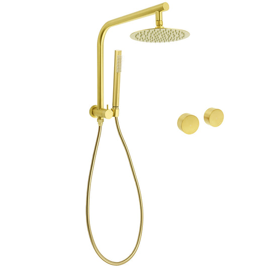 WELS Brushed Gold Round 2in1 Shower Head Set Ergonomic Handheld Gooseneck Arm Twin Taps