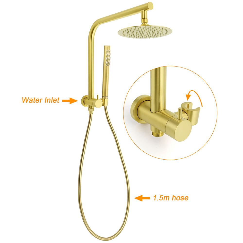 WELS Brushed Gold Round Dual Shower Head Set Single Mode Handheld Gooseneck Arm Wall Mixer