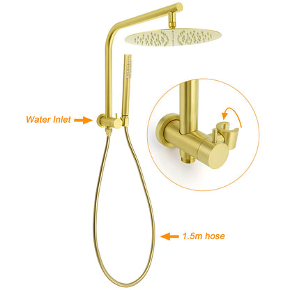 Brushed Gold 2in1 Round 12" Rain Shower Head Single Mode Handheld Diverter Wall Arm Mixer Set