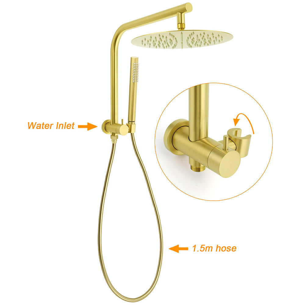 Brushed Gold 2in1 Round Large 12" Rainfall Shower Head Metal Handheld Wall Arm Bath Mixer