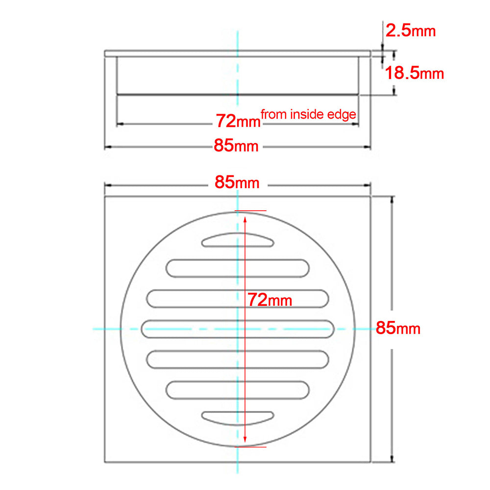 Watermark Stainless Steel 85x85mm Small Square Shower Grate Floor Drain 72mm Outlet