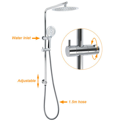250mm Rain Shower Head Round Handheld Sliding Rail Diverter Arm 2in1 Set Chrome