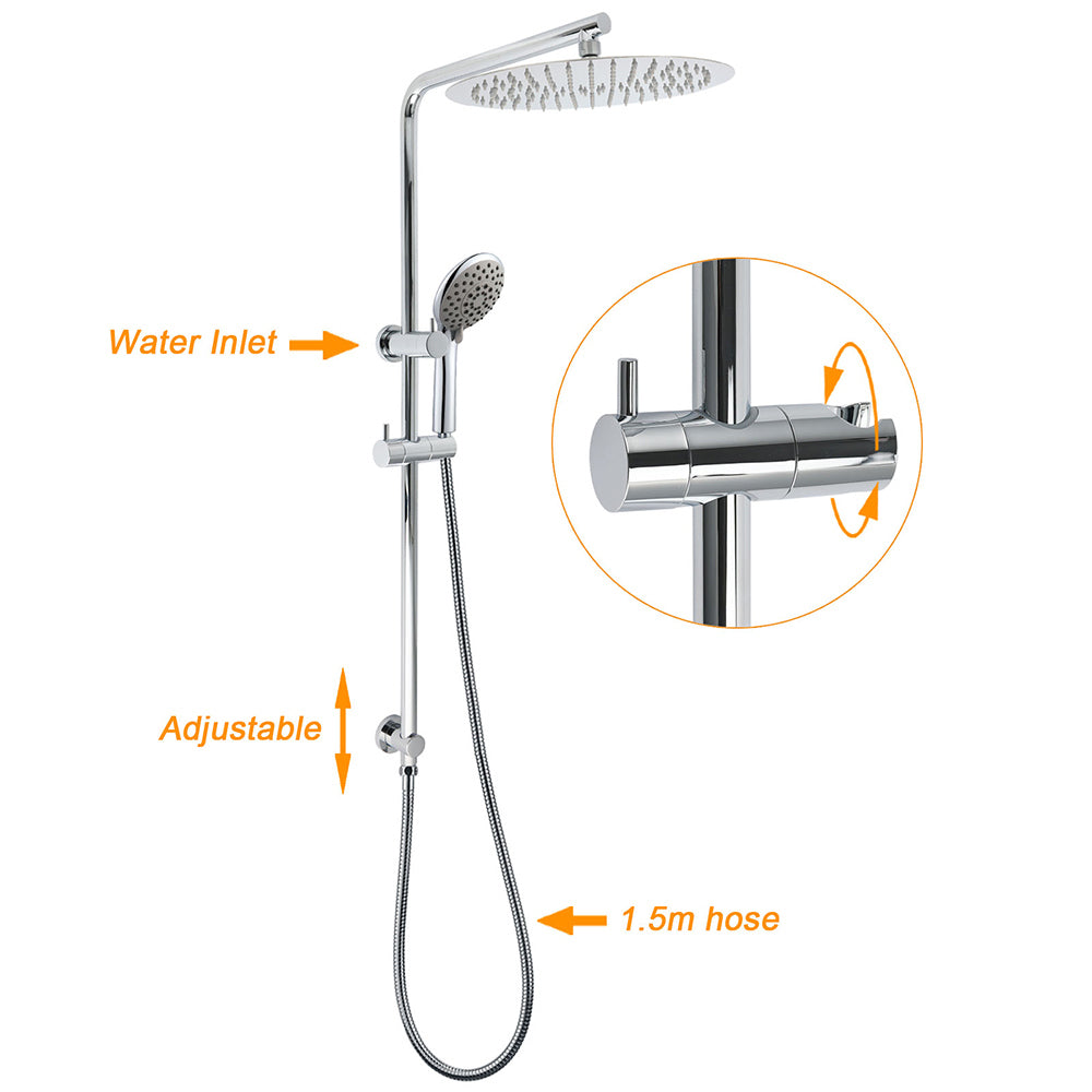 Chrome Dual Shower 12" Slim Rain Head 5 Modes Handheld Sliding Rail Inbuilt Diverter + Twin Taps