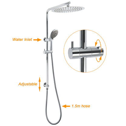 Chrome Dual Shower 12" Slim Rain Head 5 Modes Handheld Sliding Rail Inbuilt Diverter + Twin Taps