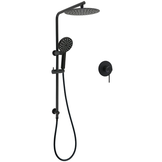 WELS Matt Black 10" Shower Rain Head Handheld Silde Wall Arm Rail Dual Set Mixer