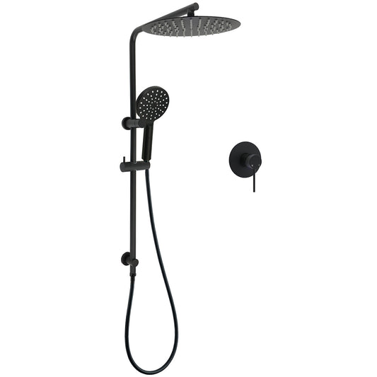 WELS Matt Black Dual Shower 12" Large Shower Rain Head + Handheld Silde Wall Rail Mixer Set