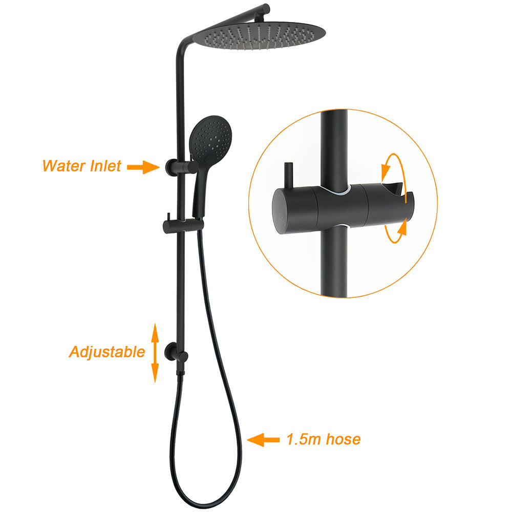 WELS Matt Black Shower Set 12" Large Rain Head Handheld Sliding Rail Arm Round Taps