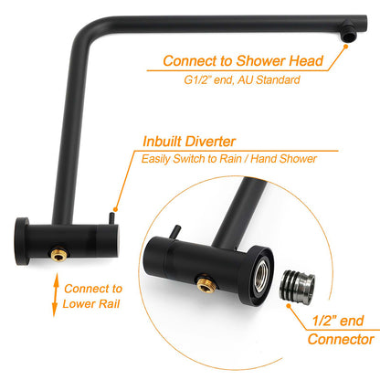 Matt Black Round 250mm Rain Shower Head Brass Handheld Slide Rail Riser Arm Set