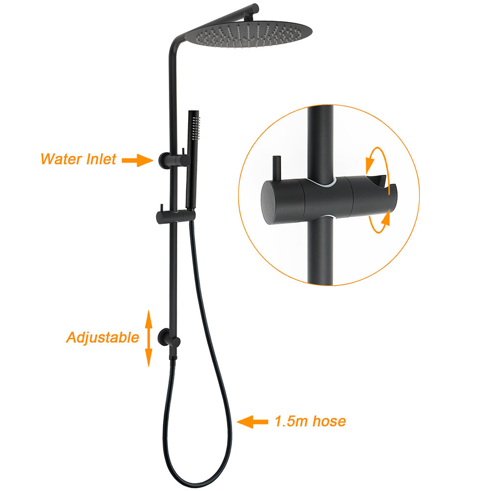 Round 300mm Rain Shower Head Brass Handheld Riser Rail Set Diverter Matt Black