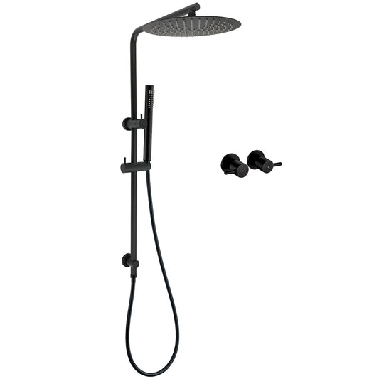 Matt Black Round 12" Rain Shower Head Brass Handheld Riser Rail Set Diverter Mixer Taps