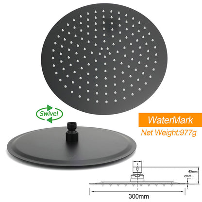 Matt Black Round 300mm Rain Shower Head Brass Handheld Riser Rail Set Diverter Mixer