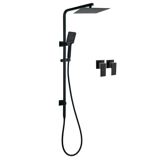 Matt Black Twin Shower Set Square 10" Rain Head 3 Modes Handheld Wall Arm Rail + Taps