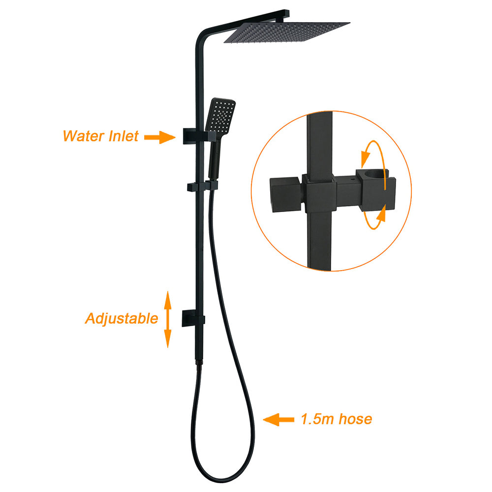 Dual Shower Square Large 12" Rainfall Head 3 Modes Handheld Wall Rail Matt Black