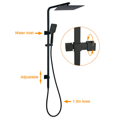 Dual Shower Square Large 12" Rainfall Head 3 Modes Handheld Wall Rail Matt Black