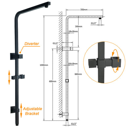 Dual Shower Square Large 12" Rainfall Head 3 Modes Handheld Wall Rail Matt Black