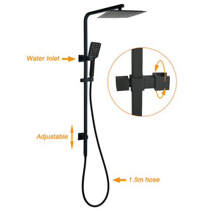 Matt Black Dual Shower Square 10" Rain Head 3 Modes Handheld Brass Silde Rail Twin Taps