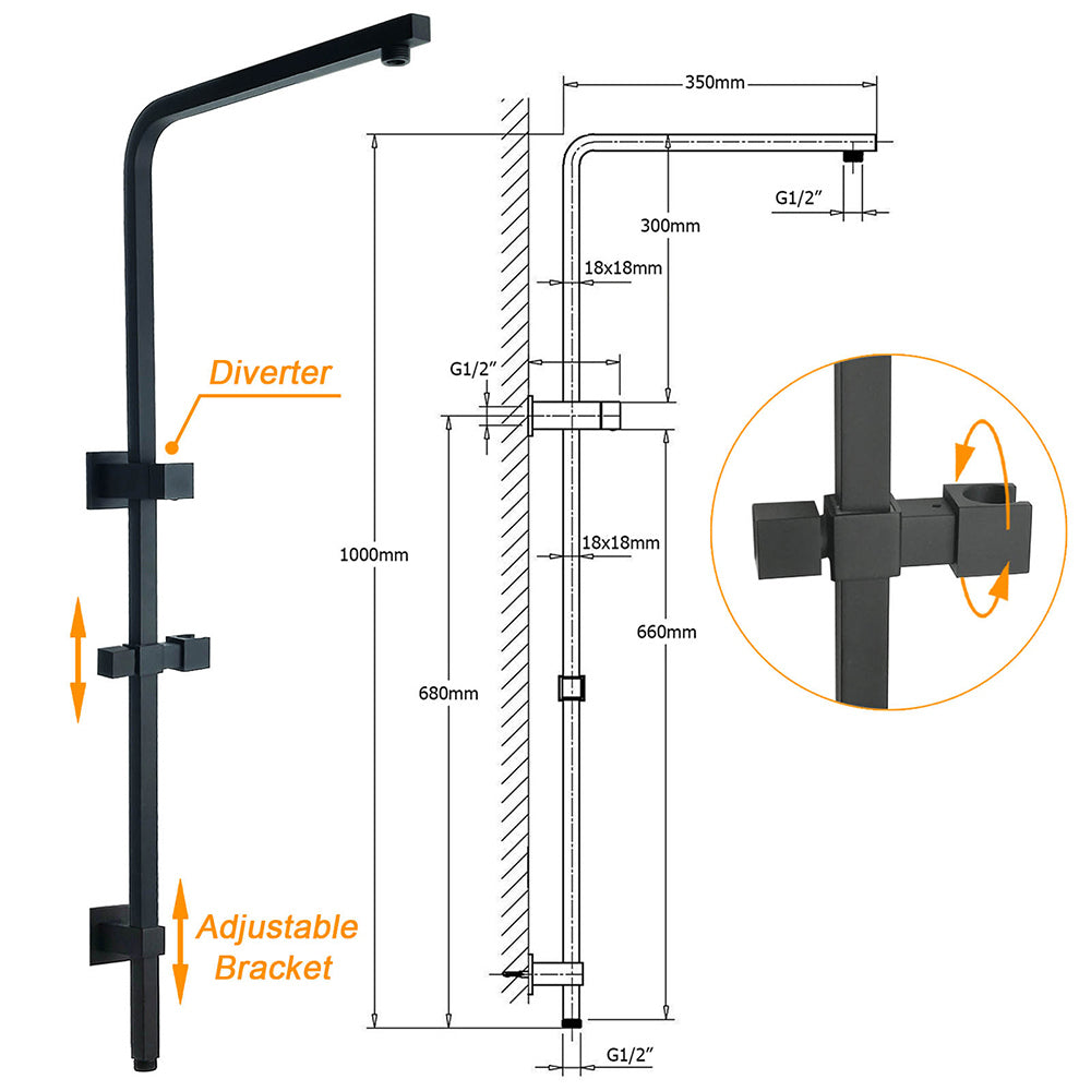 Matt Black Dual Shower Square 10" Rain Head 3 Modes Handheld Brass Silde Rail Twin Taps