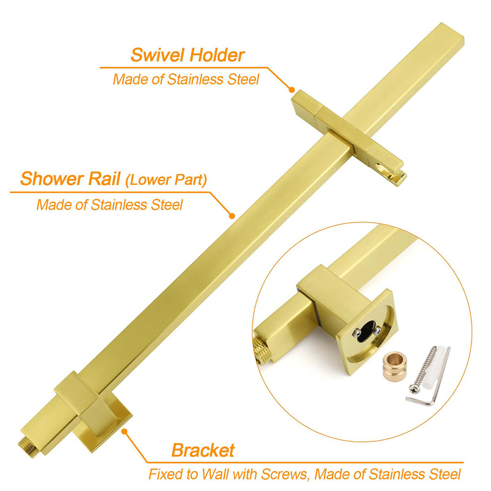 Brushed Gold 2in1 Set 8" Square Rain Shower Head 3 Modes Handheld Silde Rail Arm