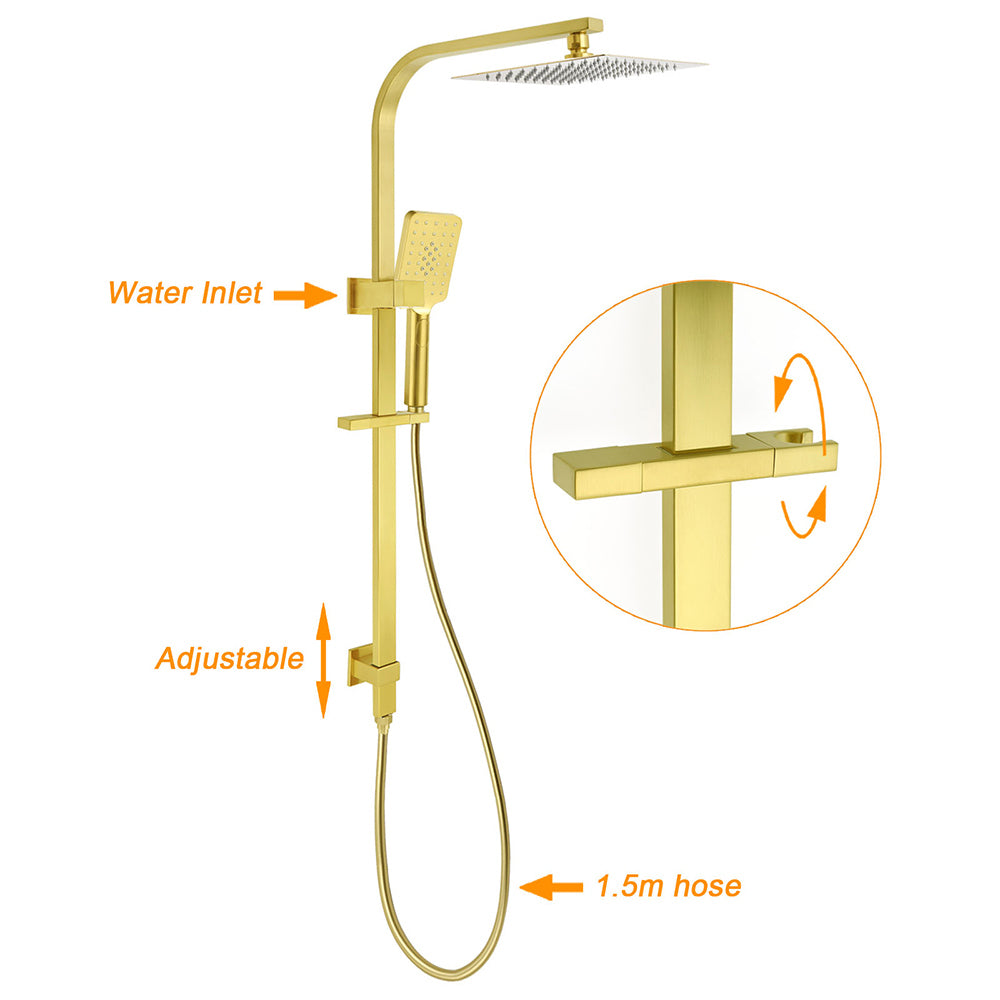WELS Brushed Gold 2in1 Set 8" Square Rain Shower Head 3 Modes Handheld Silde Rail Arm + Mixer