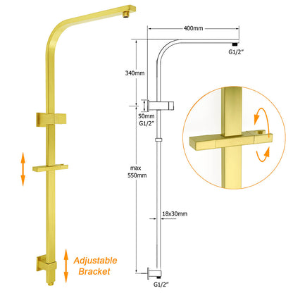 Brushed Gold Square Shower 10" Large Rain Head Handheld Silde Rail Arm 2in1 Set