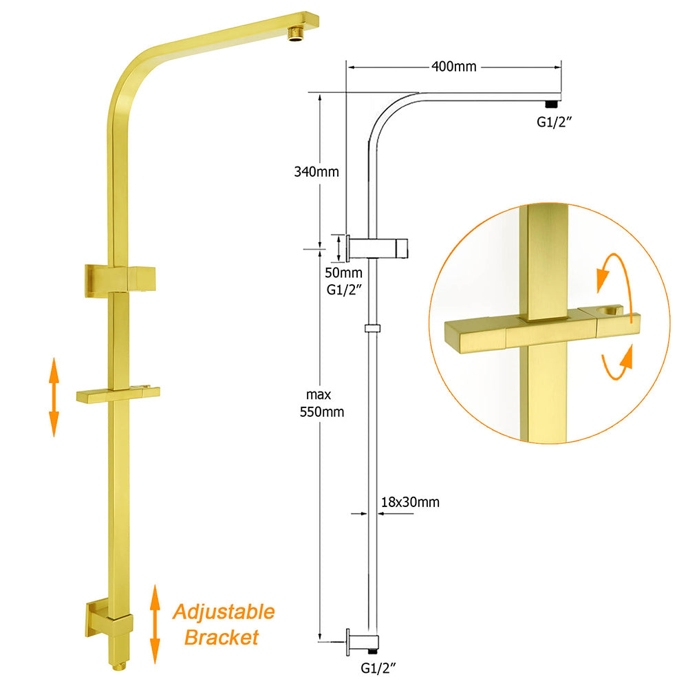 WELS Brushed Gold Square Shower 10" Thin Rain Head Handheld Silde Rail Arm 2in1 Taps Set