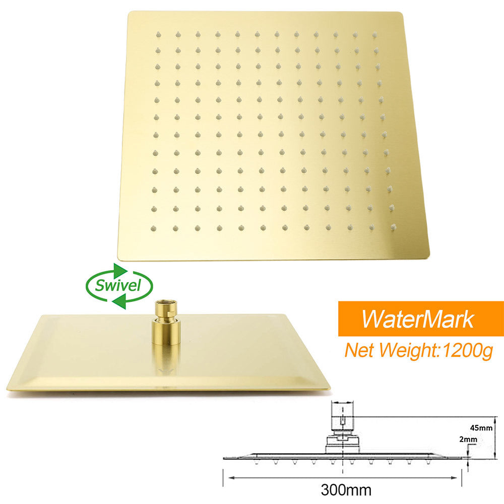 WELS Brushed Gold Square Shower 12" Large Rain Head 3 Modes Handheld Silde Rail Arm 2in1 Taps Set