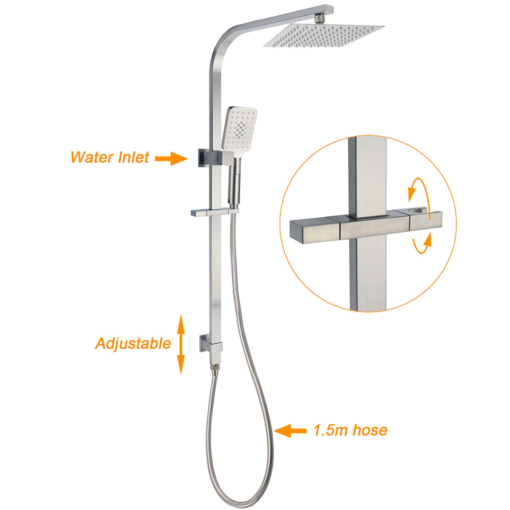 Brushed Nickel Square Twin Shower Set 8" Rain Head 3 Modes Handheld Silding Rail Arm