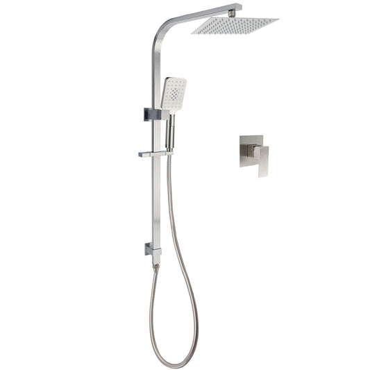 Brushed Nickel Square Twin Shower Set 8" Rain Head 3 Modes Handheld Silding Rail Mixer